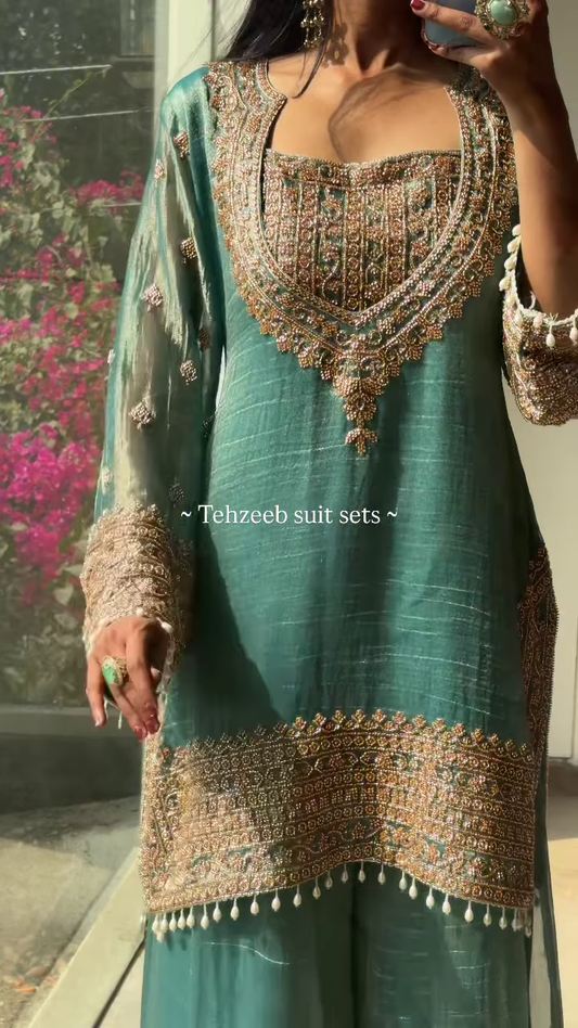Elegant Olive Green Embroidered Ethnic Suit with Golden Accents