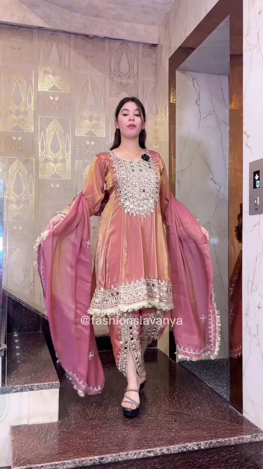 Regal Olive Green Silk Anarkali with Heavy Mirror Work