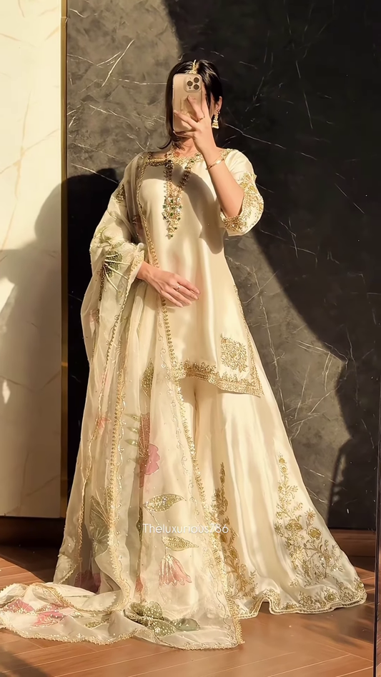 Ivory Satin Ethnic Set with Gold Floral Zari Embroidery