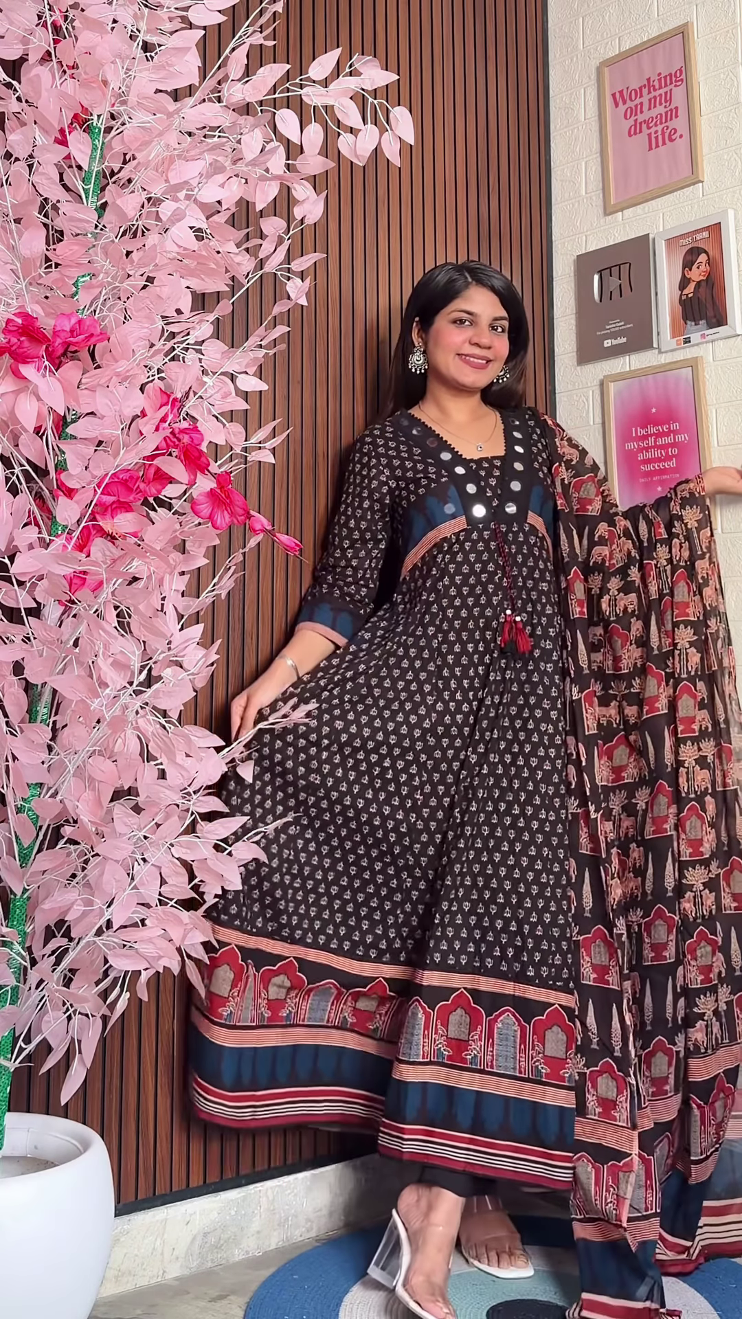 Black Floral Anarkali Set with Traditional Block Print Motifs