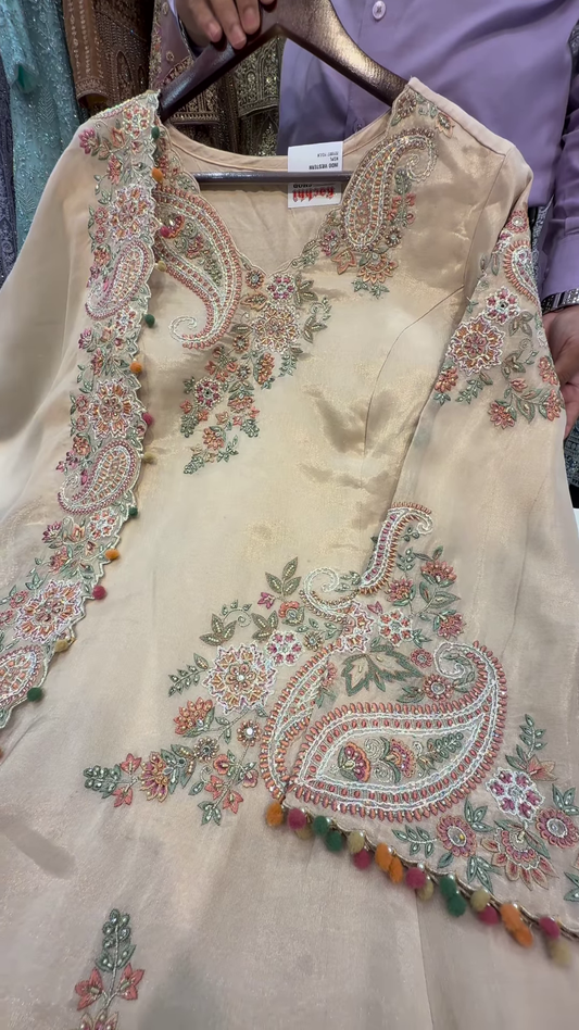 Champagne Gold Silk Kurta with Multicolored Paisley Embroidery