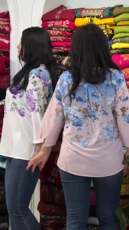 White Cotton Tunic with Vibrant Pink Rose Print