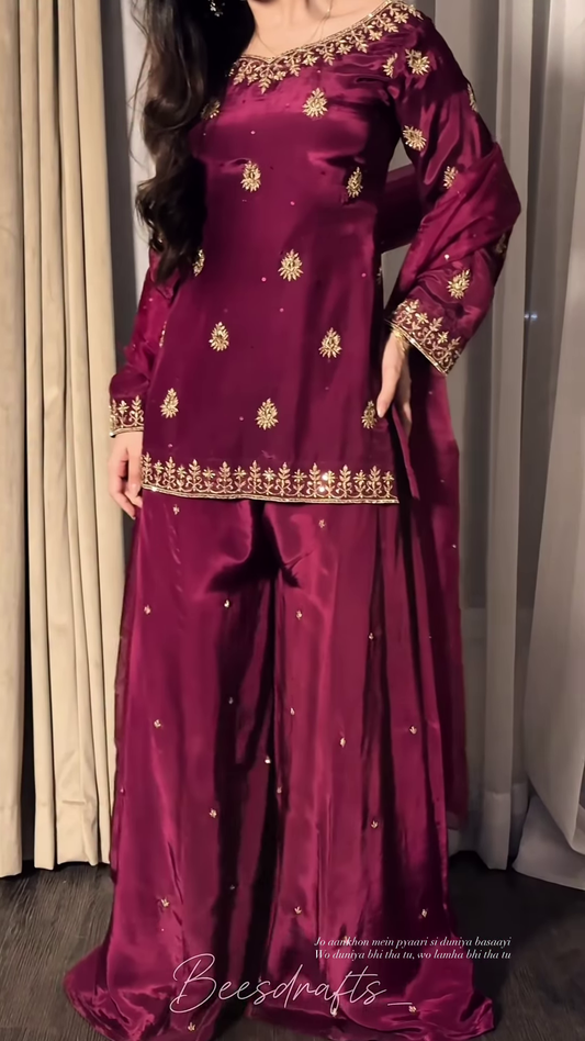 Wine Purple Silk Suit with Golden Butti and Border Work