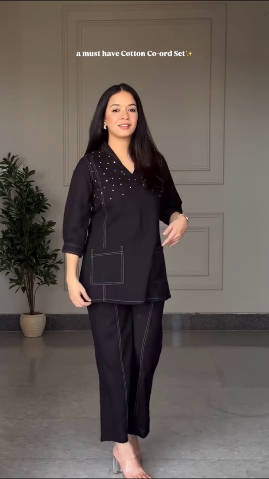 Chic Black Cotton Co-ord Set with Contrast Stitching and Pearl Accents