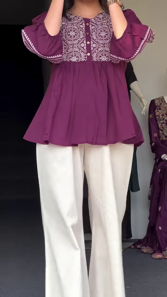 Deep Plum Peplum Tunic with White Geometric Mandala Embroidery