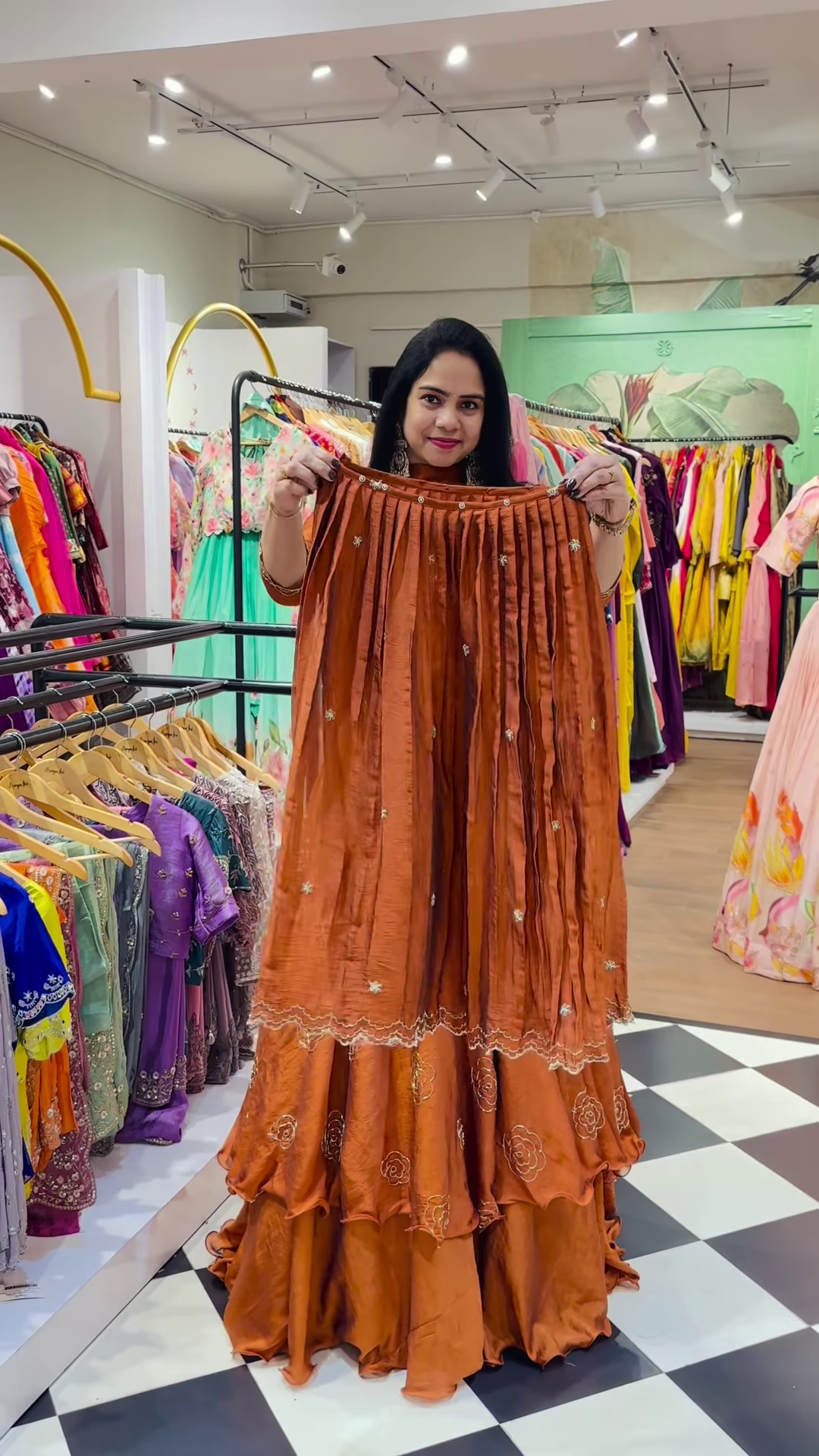 Burnt Orange Silk Lehenga with Gold Rose Embroidery