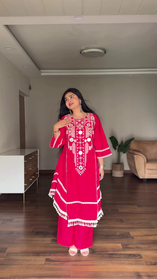 Radiant Fuchsia Longline Tunic with Geometric Mirror-Work Bodice