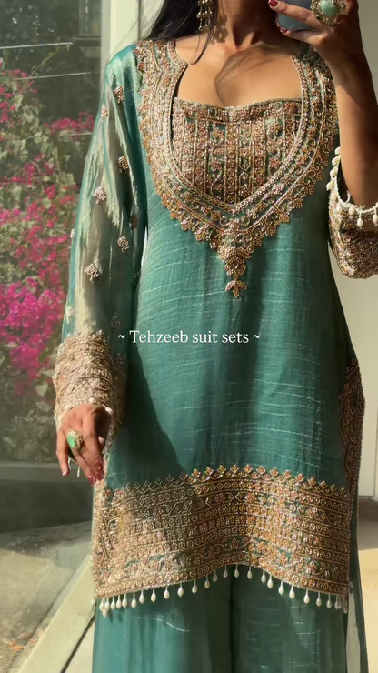 Elegant Olive Green Embroidered Ethnic Suit with Golden Accents