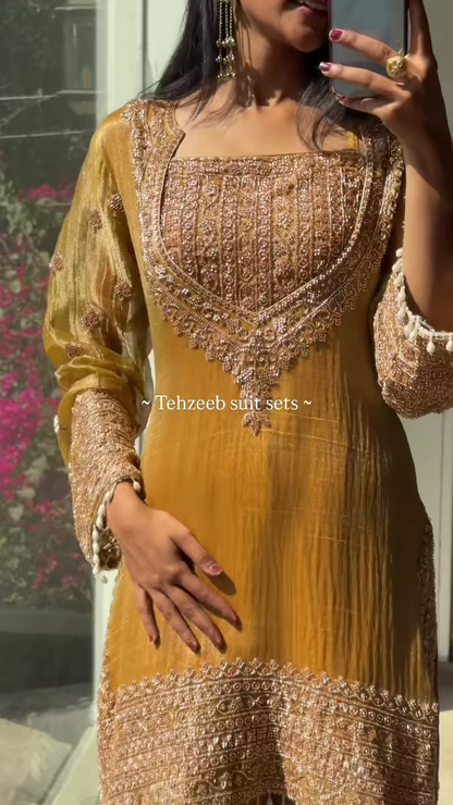 Elegant Olive Green Embroidered Ethnic Suit with Golden Accents