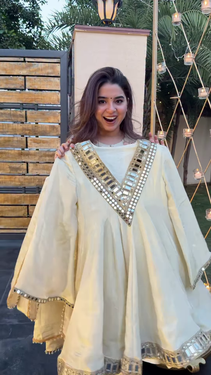 Pastel Yellow Mirror Work Anarkali with Statement Bell Sleeves