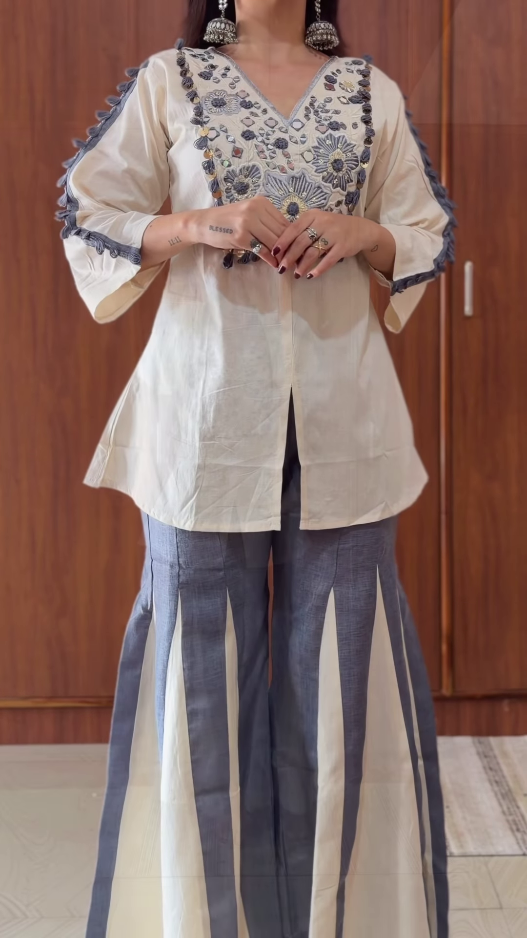 White Cotton Embroidered Kurta Set with Pink Accents