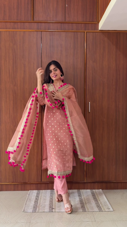 White Cotton Embroidered Kurta Set with Pink Accents