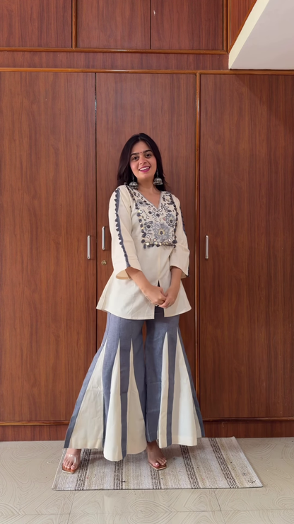 White Cotton Embroidered Kurta Set with Pink Accents