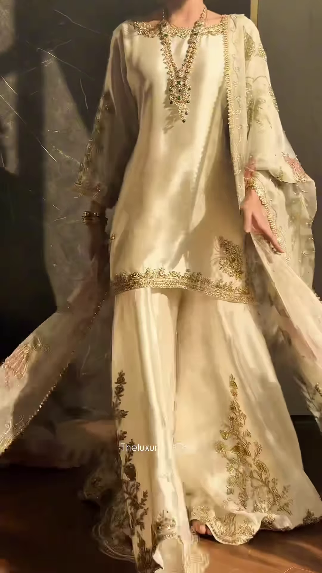 Ivory Satin Ethnic Set with Gold Floral Zari Embroidery