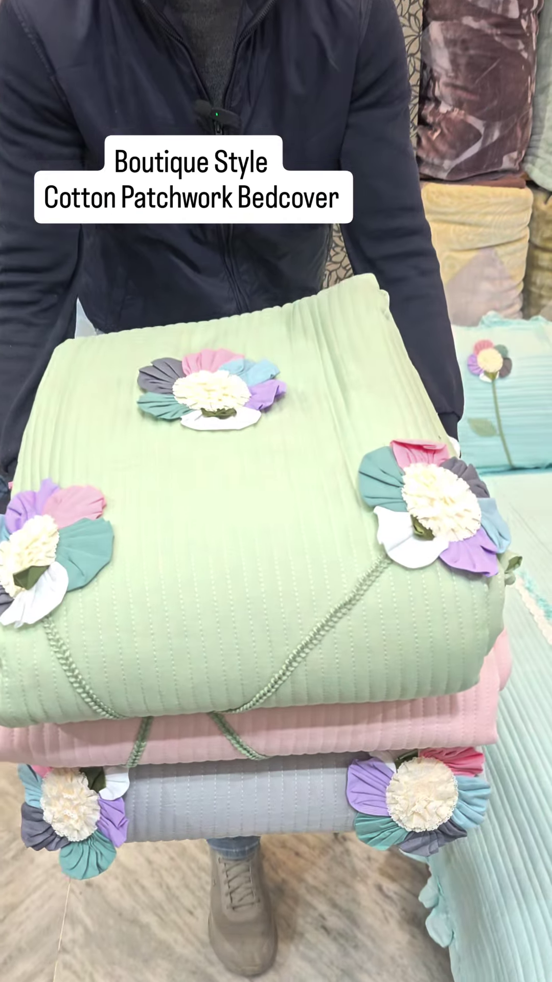 Mint Green Quilted Bedding Set with 3D Floral Appliques