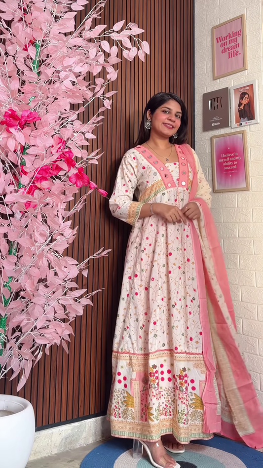 Black Floral Anarkali Set with Traditional Block Print Motifs