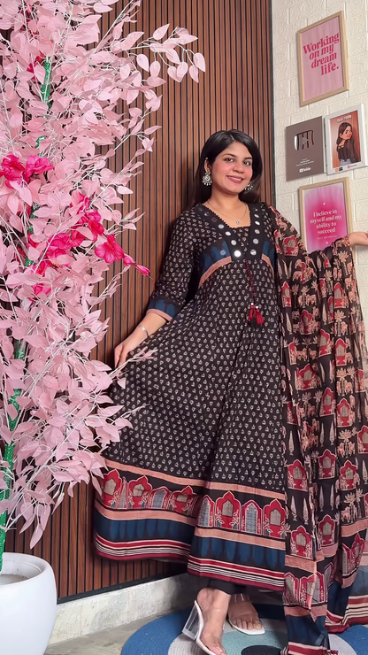 Black Floral Anarkali Set with Traditional Block Print Motifs