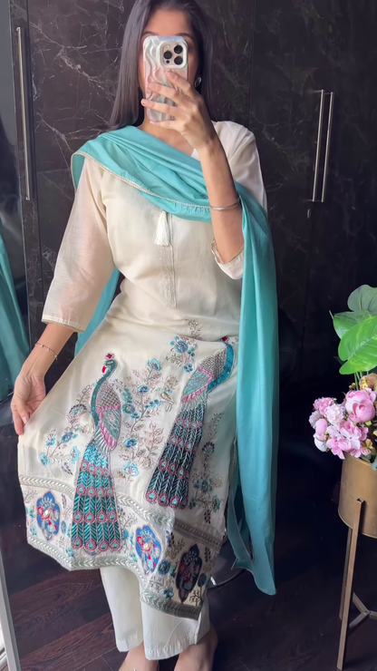 Ivory Ethnic Suit with Majestic Teal Peacock Embroidery