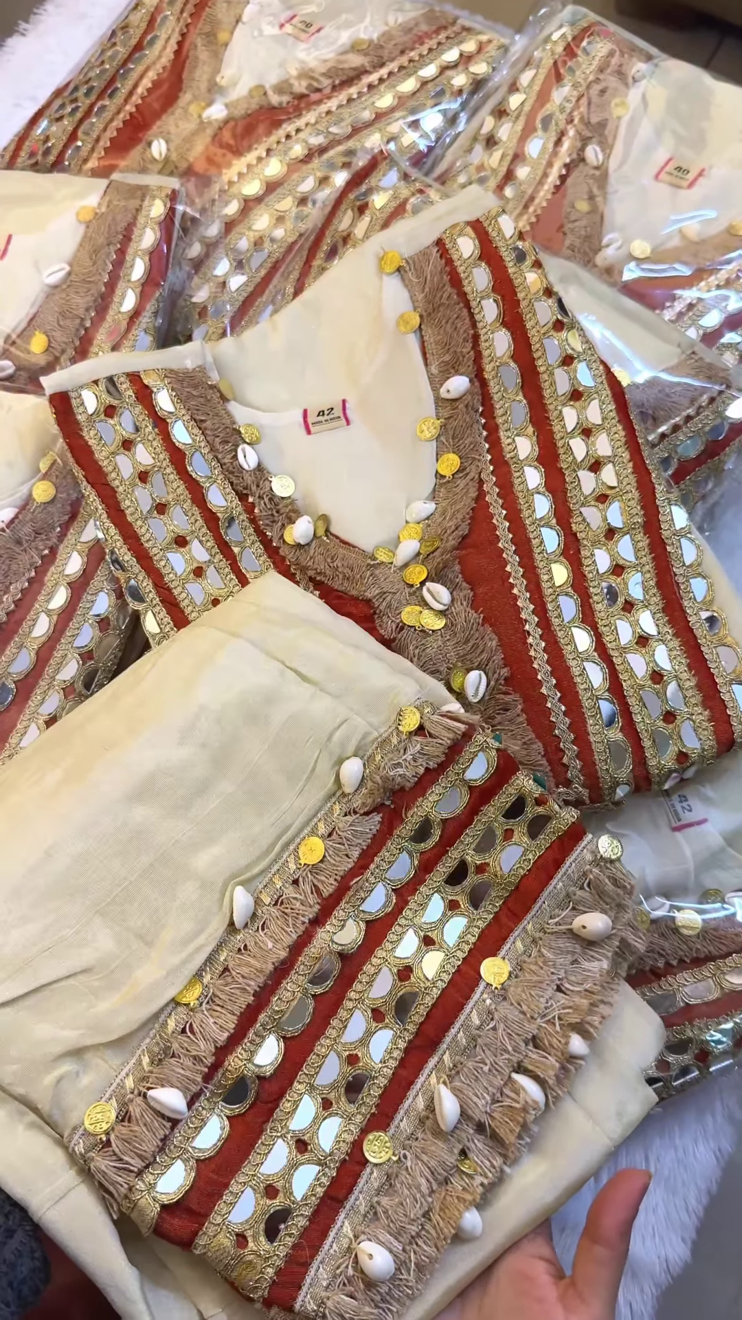 Traditional Ivory Punjabi Suit with Red Mirror Work and Shell Accents