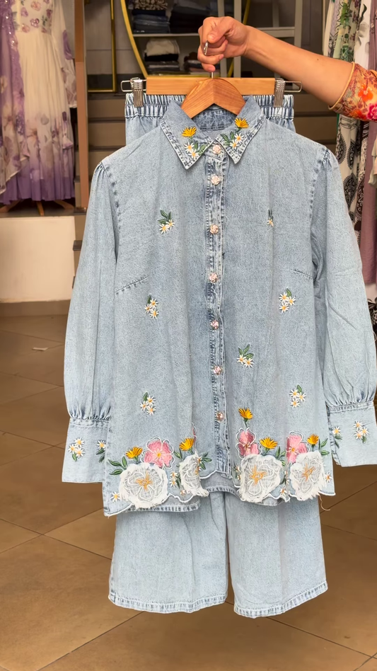 Light-Wash Denim Coordinate Set with Floral Embroidery