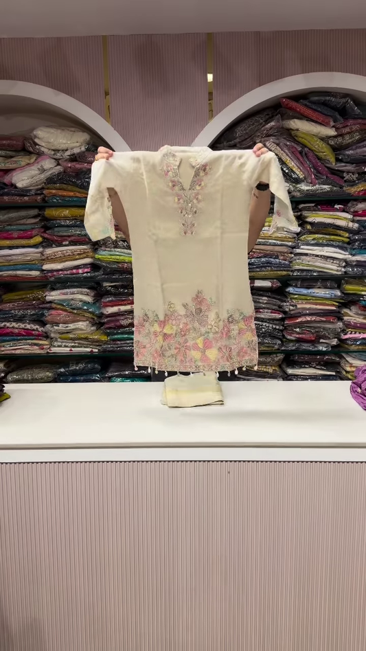 Elegant Ivory Silk Suit with Pastel Floral Embroidery