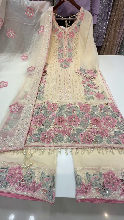 Cream Chiffon Suit with Pink and Sage Floral Cutwork