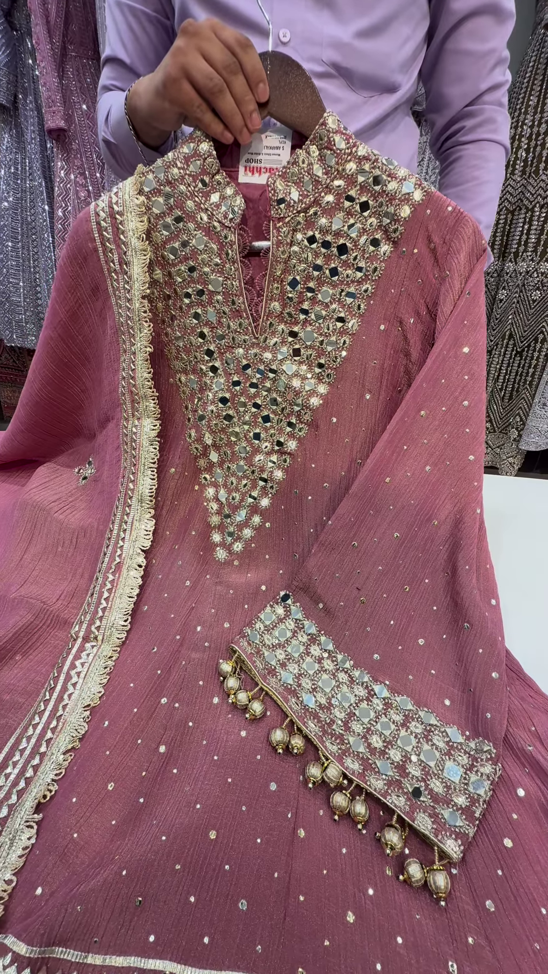 Mauve Georgette Suit with Geometric Mirror and Zari Work