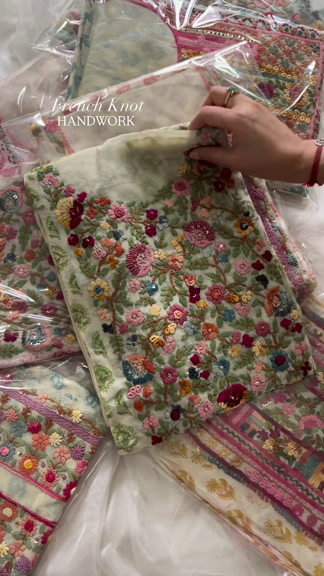 Handcrafted French Knot Floral Embroidery on Printed Chiffon