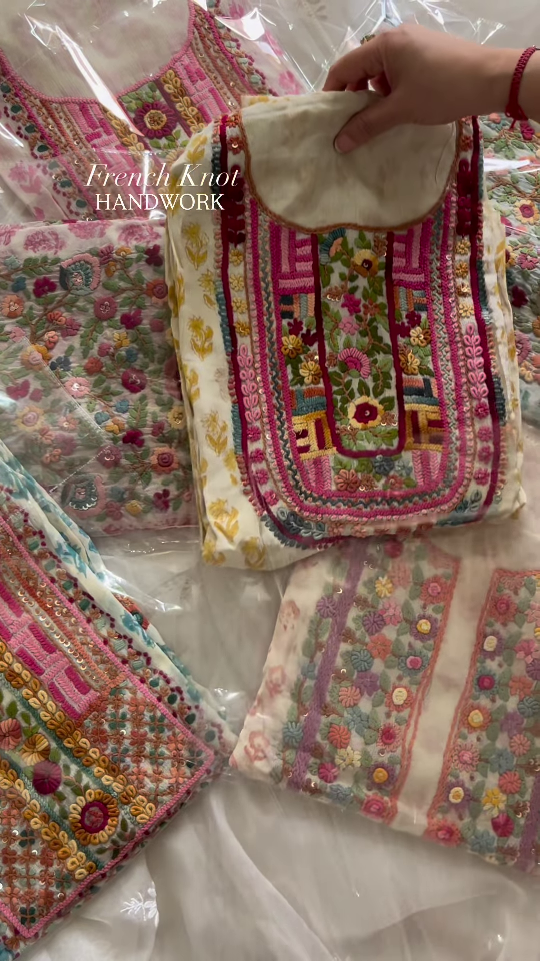 Handcrafted French Knot Floral Embroidery on Printed Chiffon