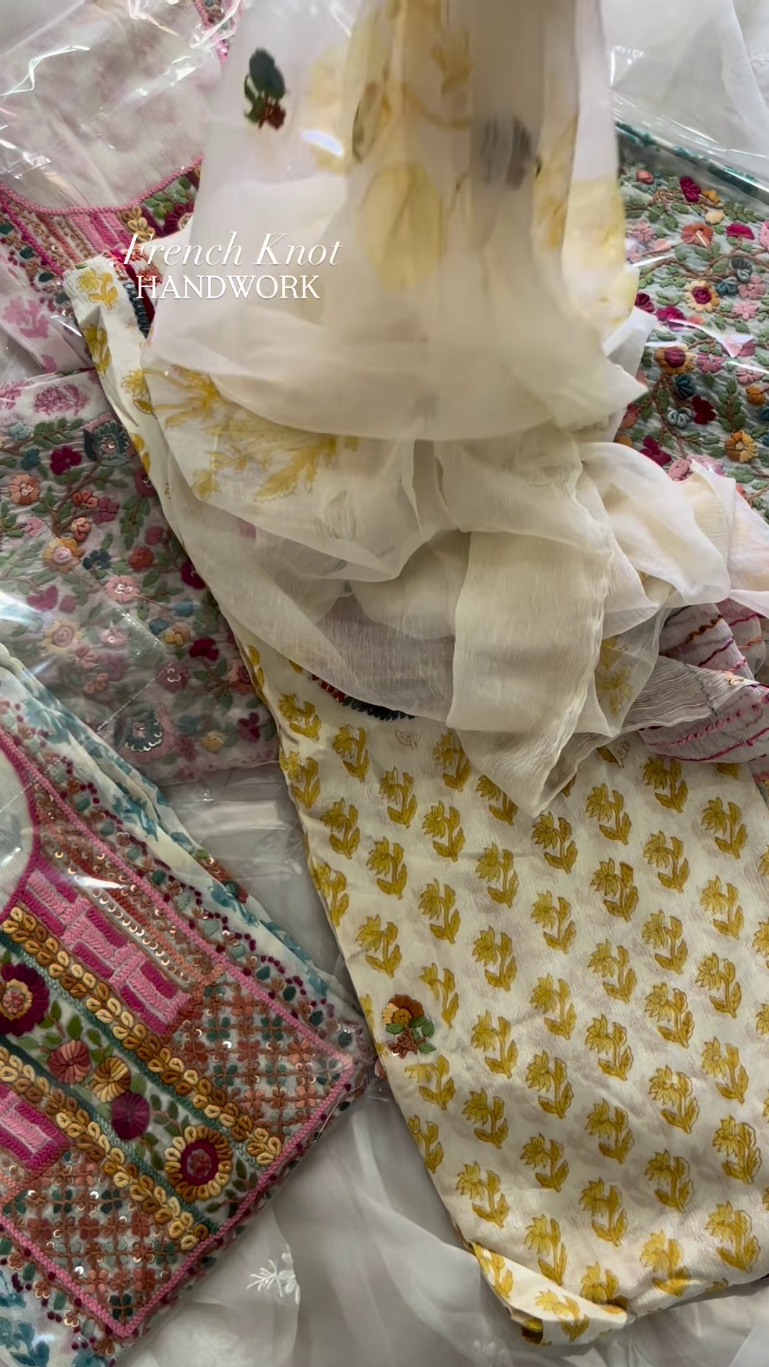 Handcrafted French Knot Floral Embroidery on Printed Chiffon