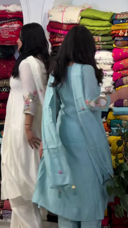 Teal and Ivory Embroidered Ethnic Suits for Women