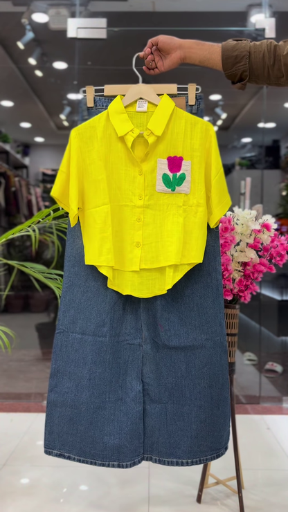 Bright Orange Crop Shirt with Floral Patchwork and Denim Skirt