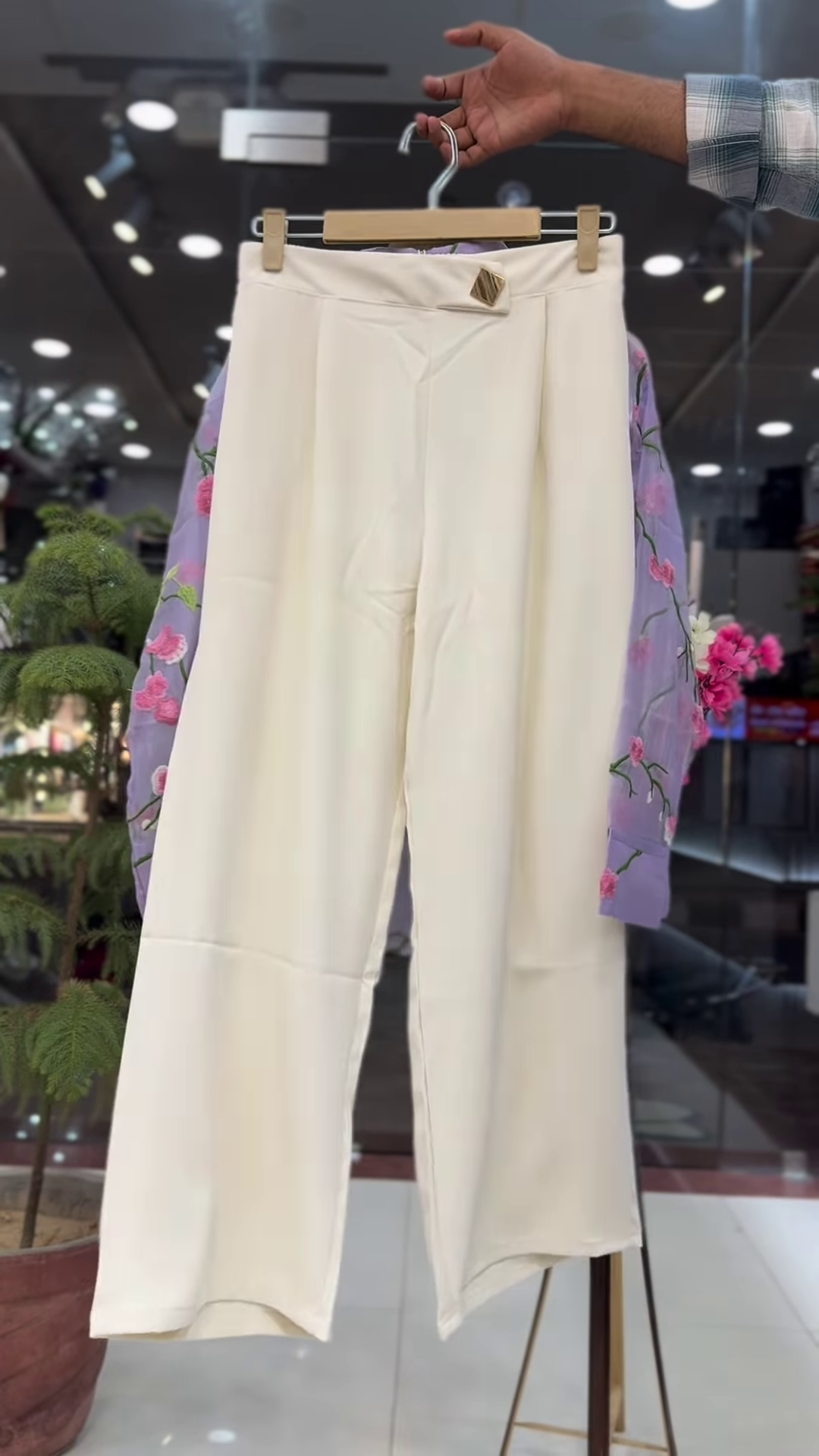Sheer Pink Floral Embroidered Shirt with White Wide-Leg Trousers