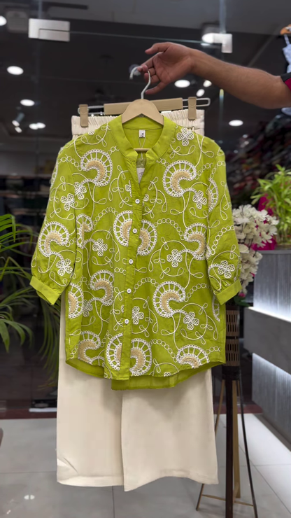 Lime Green Cotton Tunic with White Geometric Eyelet Embroidery