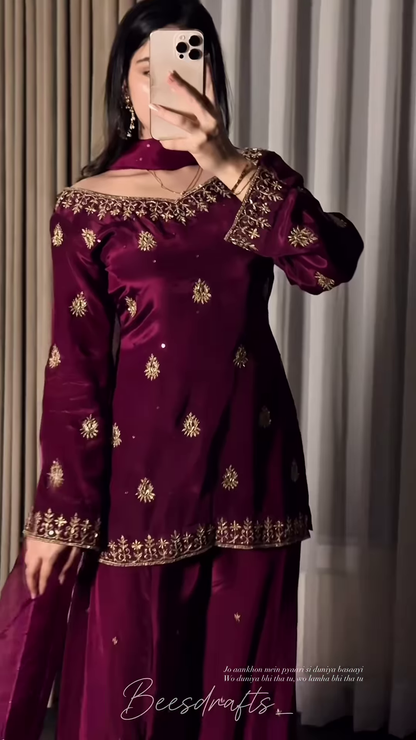 Wine Purple Silk Suit with Golden Butti and Border Work