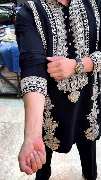 Men’s Black Modern Pathani Suit with Golden Butterfly Embroidery