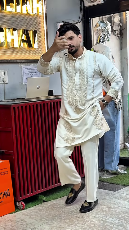 Men’s Black Modern Pathani Suit with Golden Butterfly Embroidery