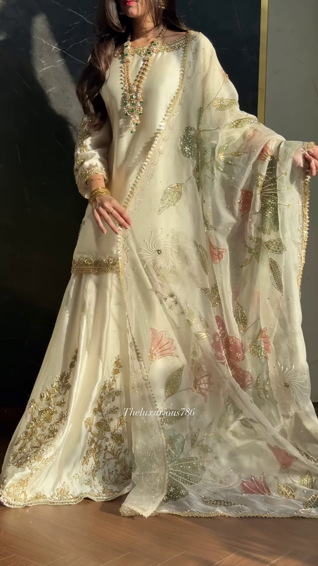 Ivory Satin Ethnic Set with Pastel Floral Zari Embroidery