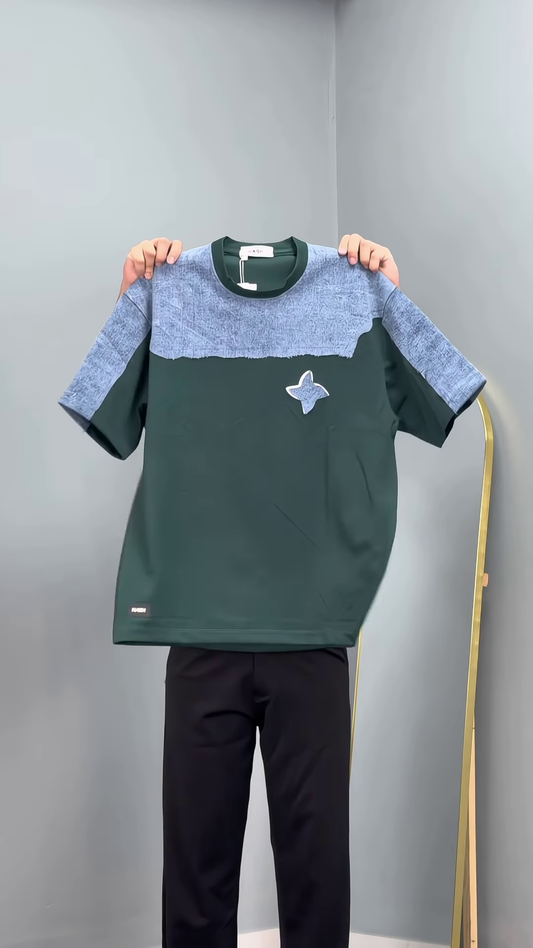 Men’s White and Blue Color-Block T-Shirt with Star Detail