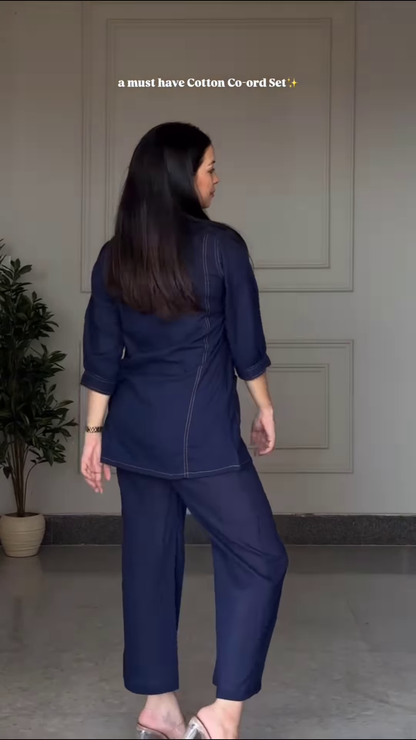 Chic Black Cotton Co-ord Set with Contrast Stitching and Pearl Accents