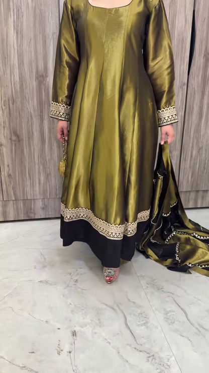 Olive Green Silk Gharara Set with Black Scalloped Dupatta