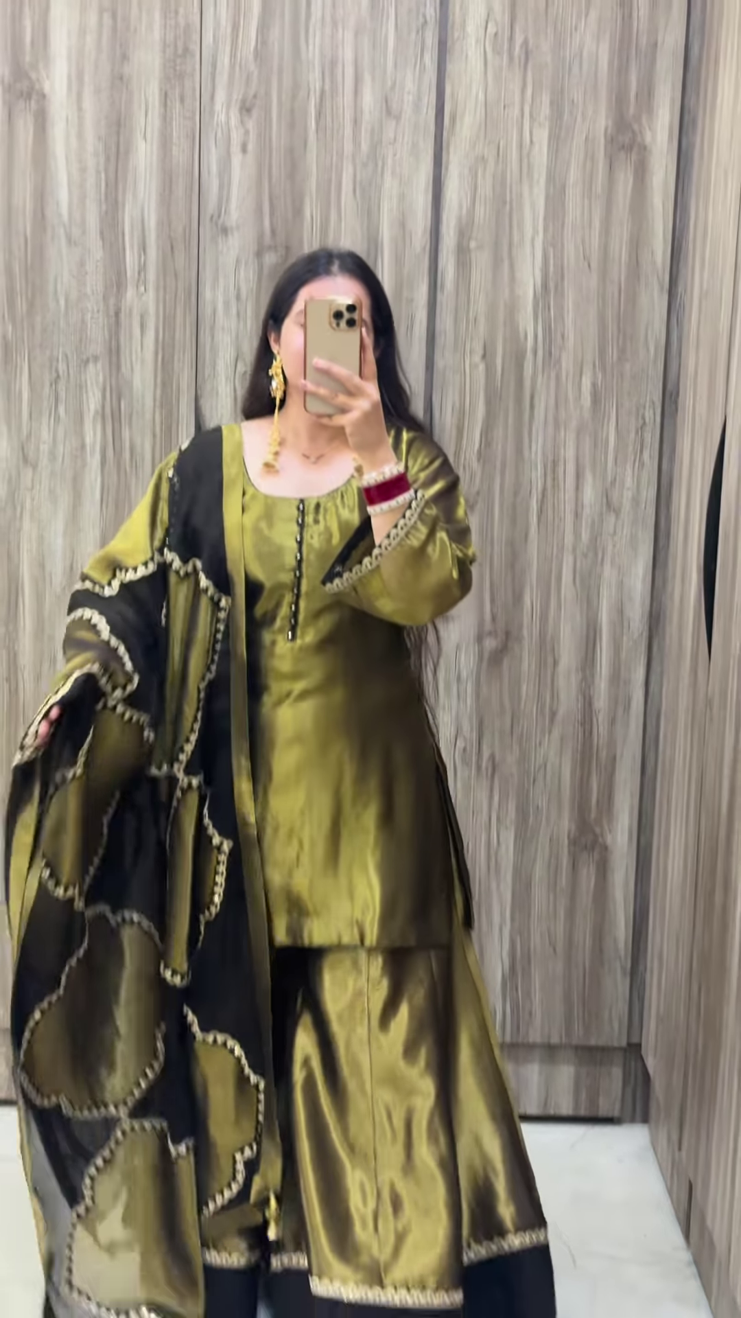 Olive Green Silk Gharara Set with Black Scalloped Dupatta