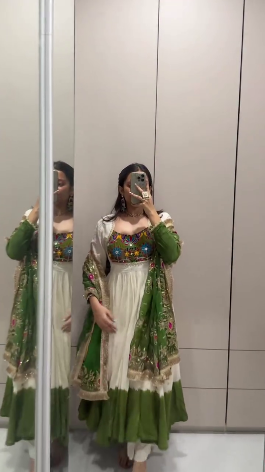 Ivory Floor-Length Anarkali with Multicolored Mirror-Work Bodice