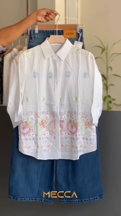 White Cotton Shirt with Multi-Colored Floral Embroidery and Sequin Accents