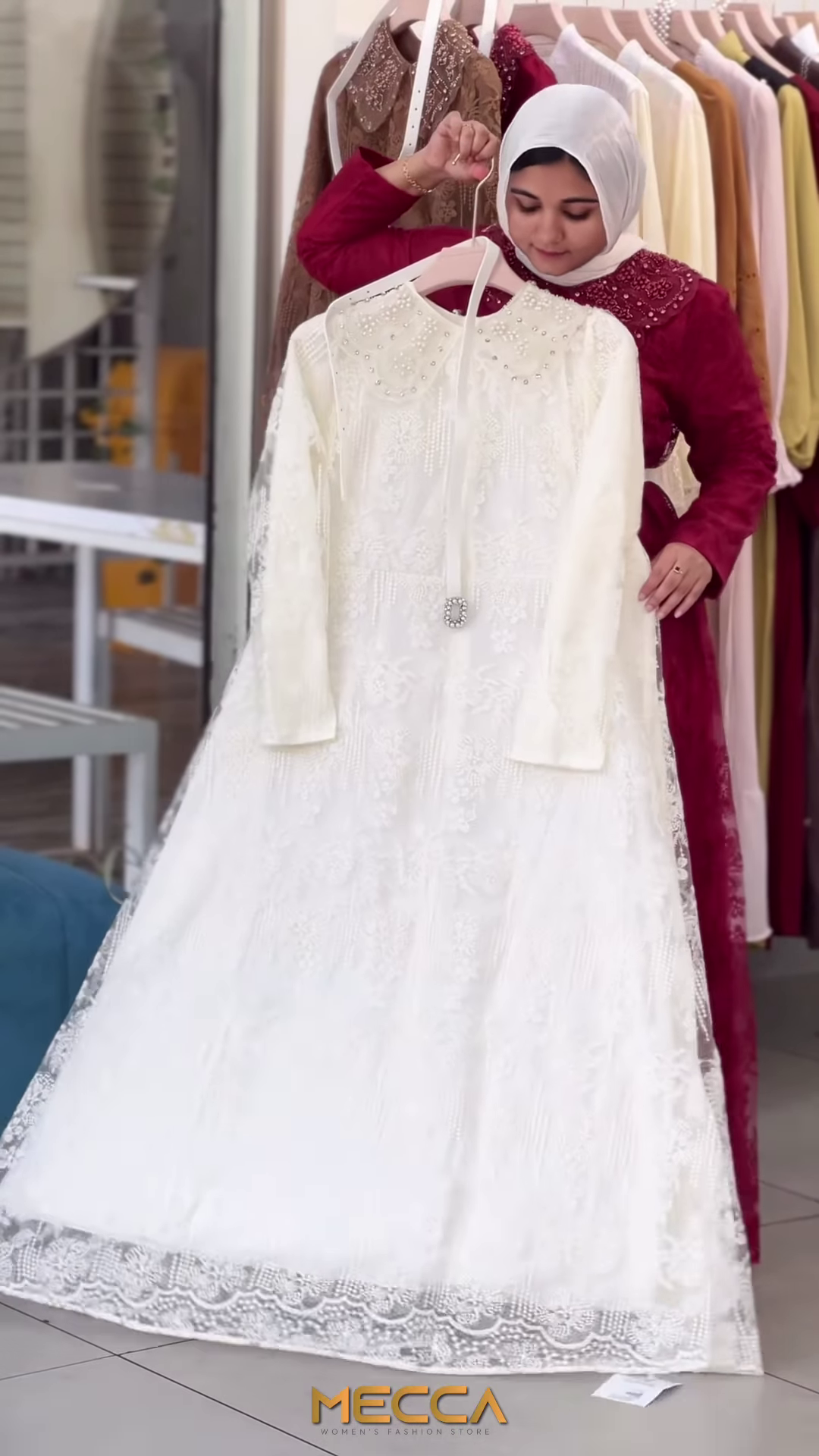 Tan Floral Lace Maxi Gown with Embellished Peter Pan Collar