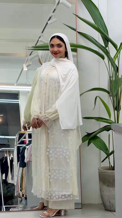 Sky Blue Knitted Vest and White Ruffled Blouse with Wide-Leg Denim