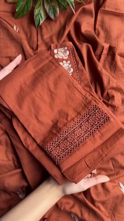 Rust Orange Tunic with Scalloped Floral Cutwork Neckline