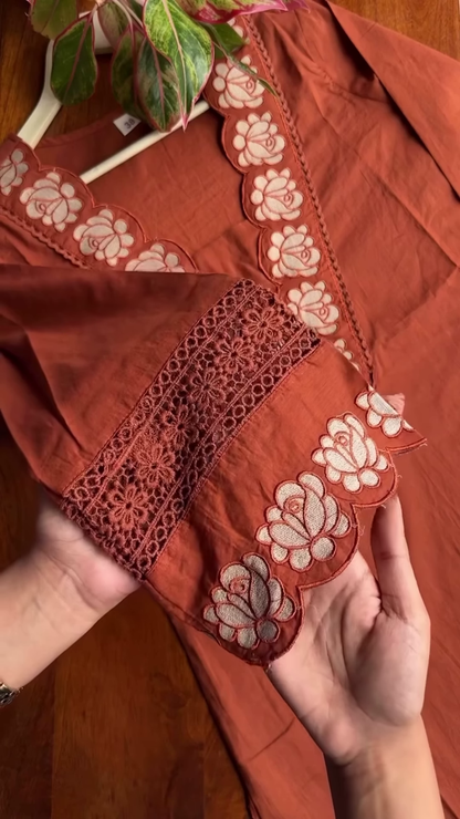 Rust Orange Tunic with Scalloped Floral Cutwork Neckline