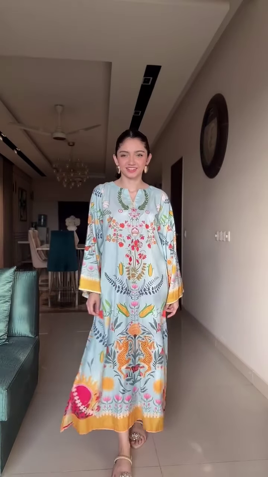 Ivory Kaftan-Style Maxi Dress with Bold Black Floral Print