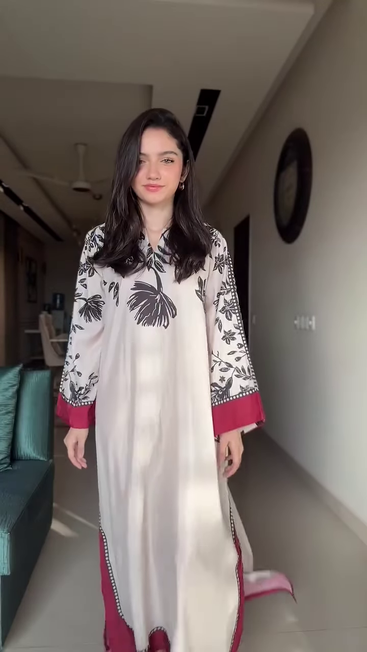 Ivory Kaftan-Style Maxi Dress with Bold Black Floral Print